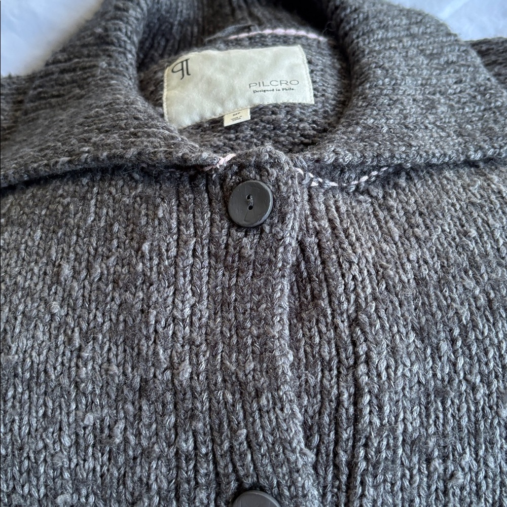 Pilcro Charcoal Gray Cardigan with Dog Intarsia and Pink Trim - Picture 11 of 15